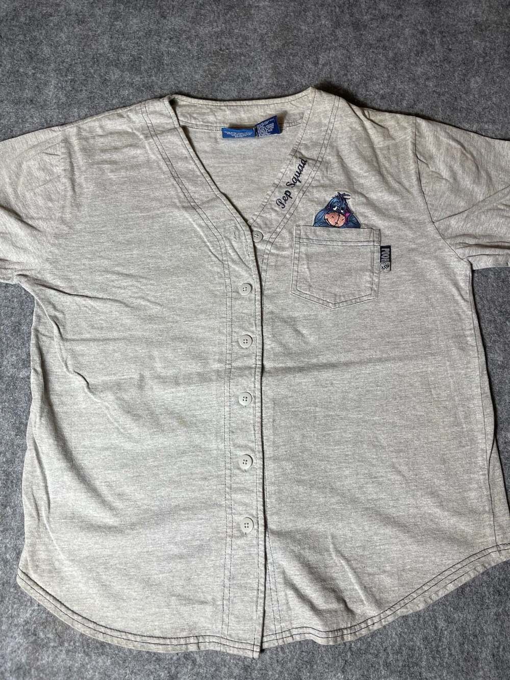 Vintage Disney Pooh Eeyore Pep Squad Button Down Jersey Shirt Grey Size L